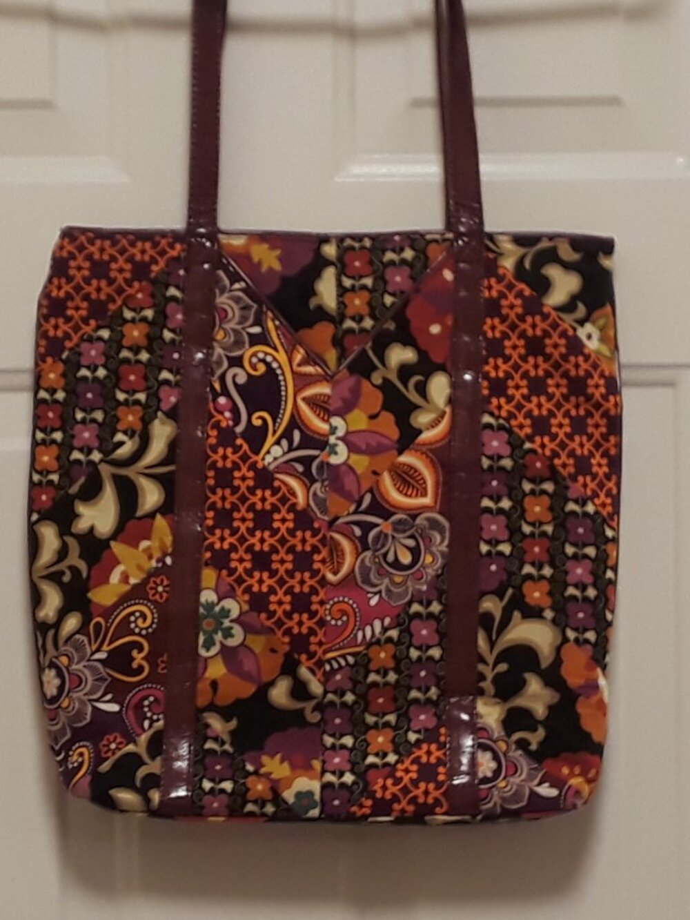 Vera Bradley Autumn Floral Work Travel Shoulder Tote Burgundy Faux Leather Trim
